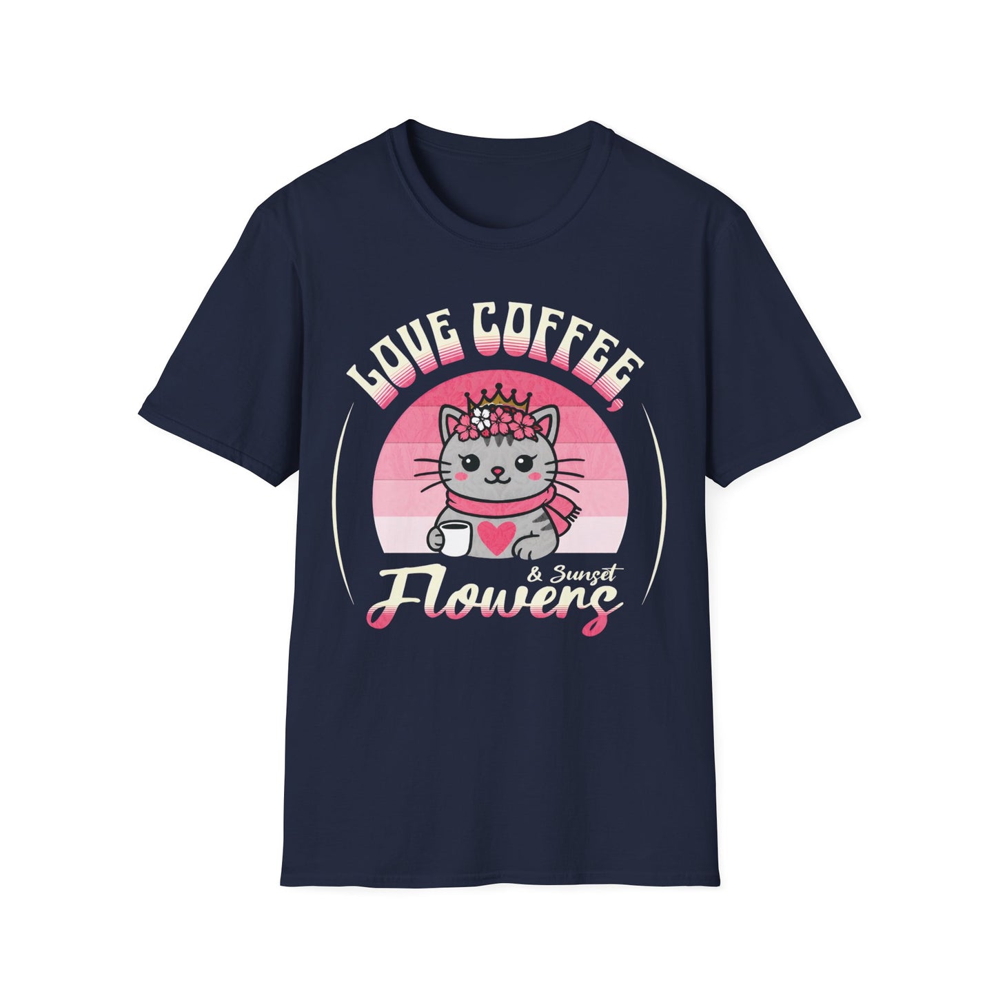 Love Coffee, Flowers and Sunset T-Shirt - Cute Cartoon Cat with Coffee Mug and Floral Crown Pink Sunset Design