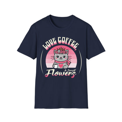 Love Coffee, Flowers and Sunset T-Shirt - Cute Cartoon Cat with Coffee Mug and Floral Crown Pink Sunset Design