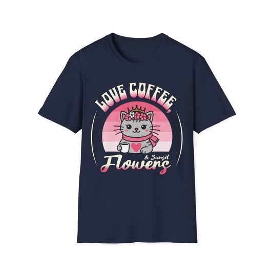 Love Coffee, Flowers and Sunset T-Shirt - Cute Cartoon Cat with Coffee Mug and Floral Crown Pink Sunset Design