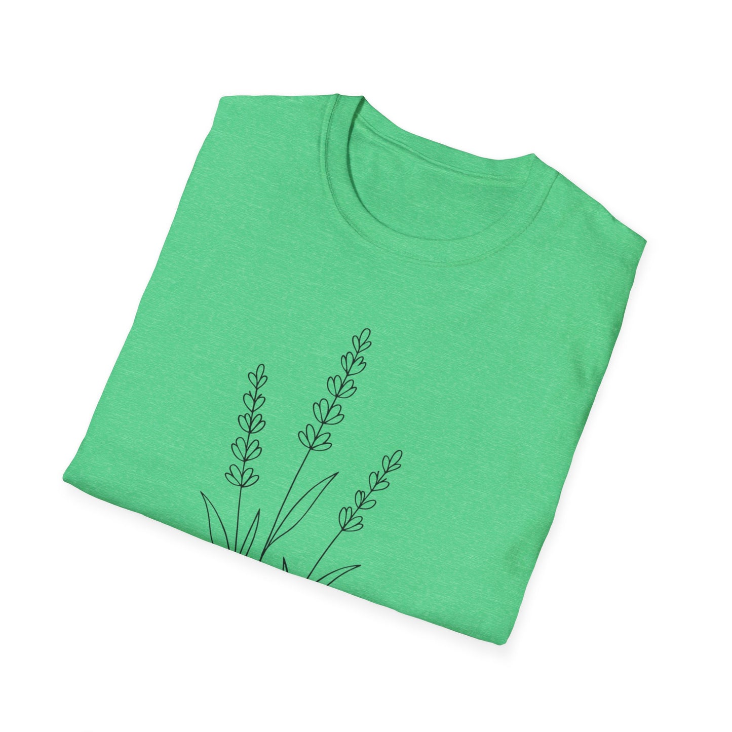 Minimalist Line Drawing of Lavender T-Shirt - Scattered Typography Design