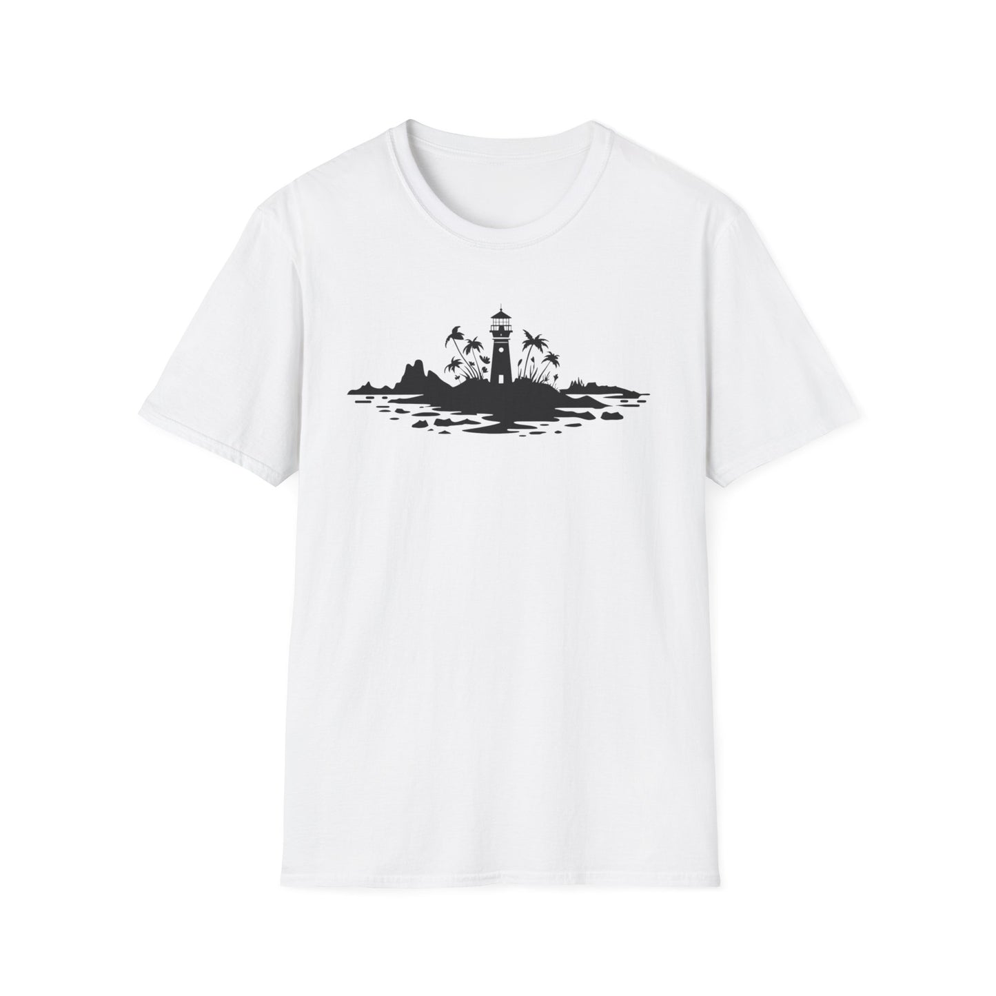 Minimalistic Silhouette Lighthouse, Island, Palms and Florals T-Shirt