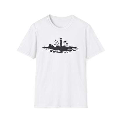 Minimalistic Silhouette Lighthouse, Island, Palms and Florals T-Shirt