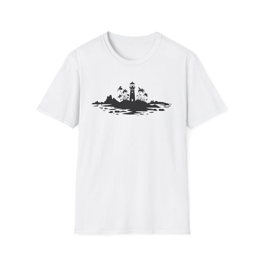 Minimalistic Silhouette Lighthouse, Island, Palms and Florals T-Shirt