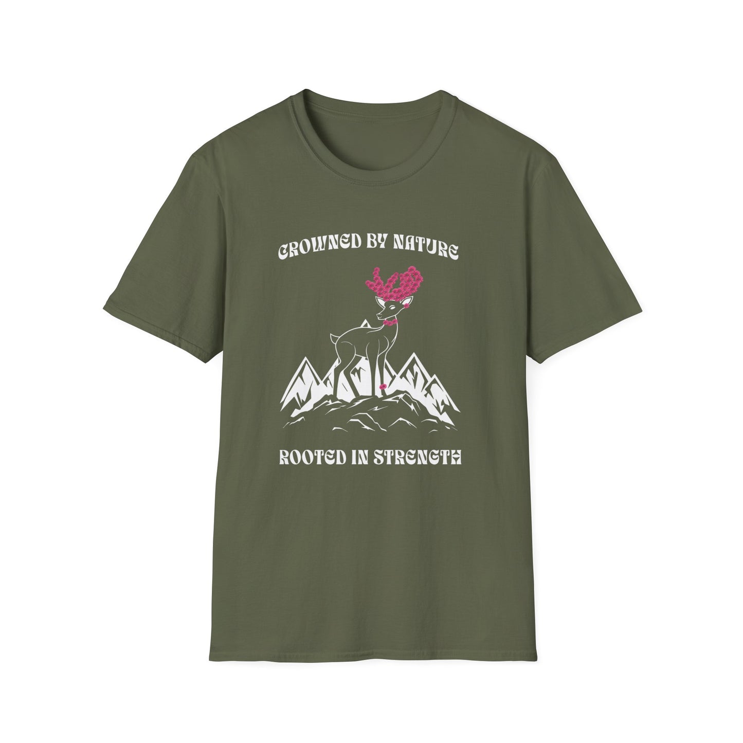 Crowned by Nature Rooted in Strength T-Shirt - Pink Flower Crown Deer Design