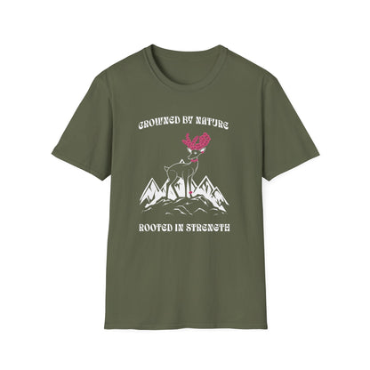 Crowned by Nature Rooted in Strength T-Shirt - Pink Flower Crown Deer Design
