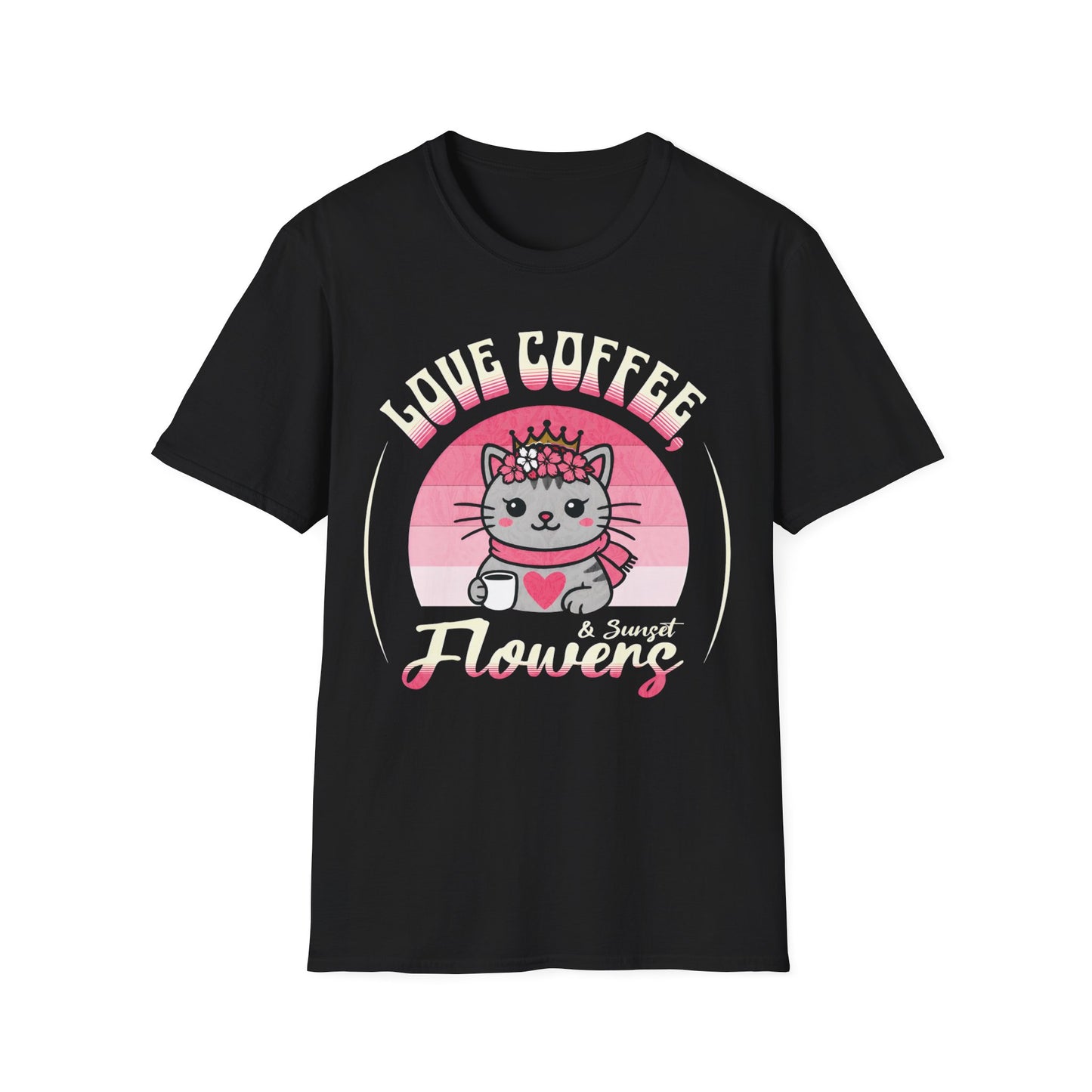 Love Coffee, Flowers and Sunset T-Shirt - Cute Cartoon Cat with Coffee Mug and Floral Crown Pink Sunset Design