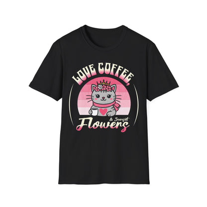 Love Coffee, Flowers and Sunset T-Shirt - Cute Cartoon Cat with Coffee Mug and Floral Crown Pink Sunset Design