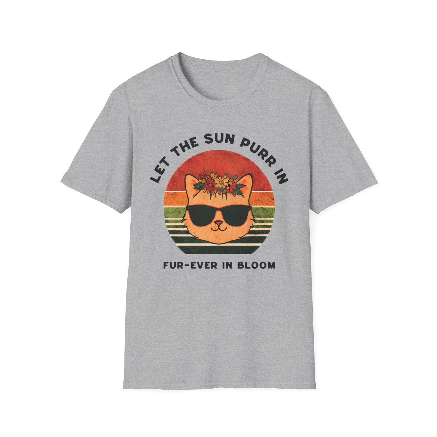 Let the Sun Purr In - Playful Vintage Sunset And A Cat in Sunglasses and Floral Crown T-Shirt