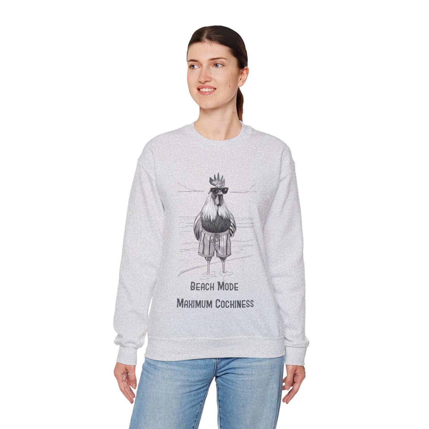 Beach Mode: Maximum Cochiness - Playful Rooster On Beach Sweatshirt