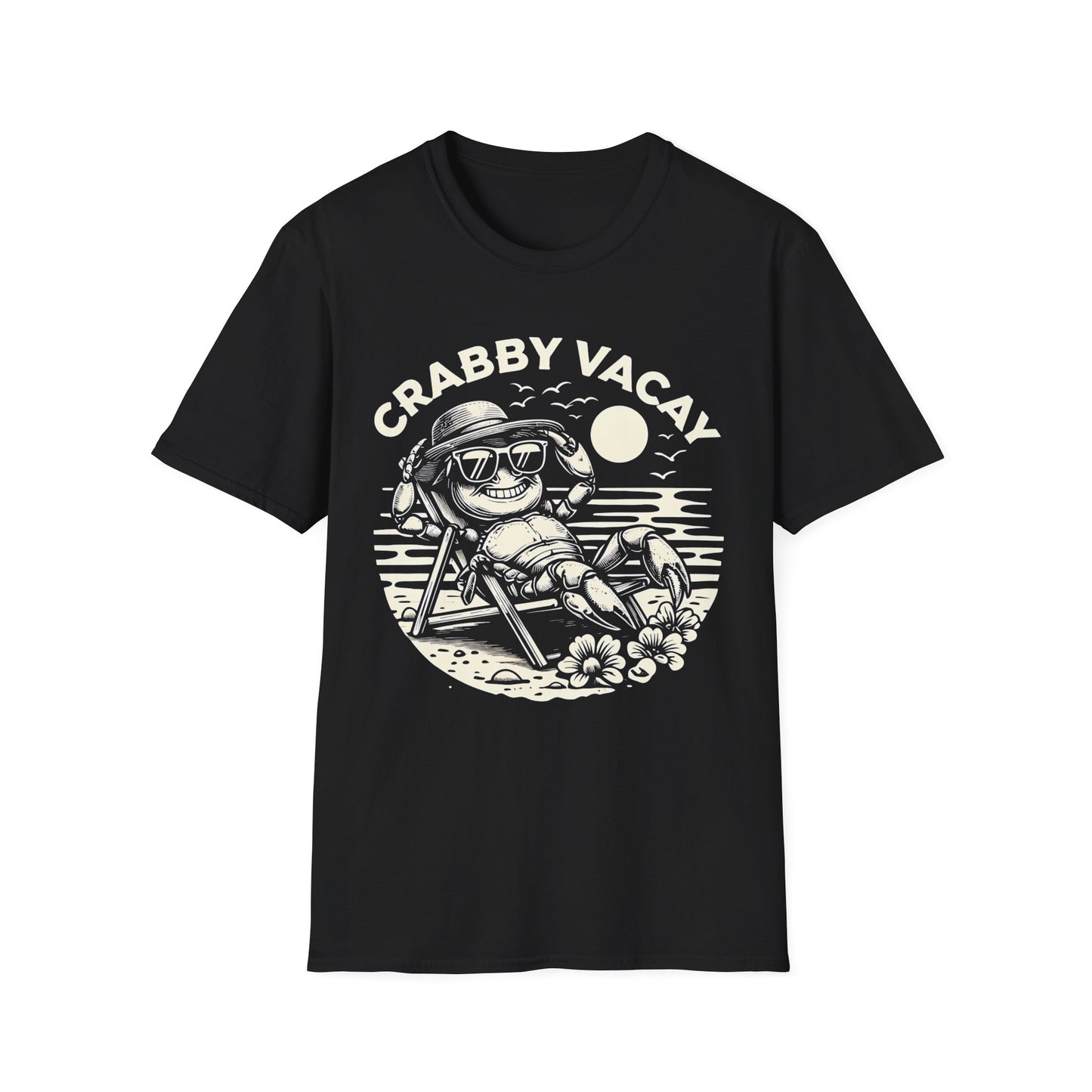 Crabby Vacay T-Shirt - Happy Crab Wearing Sunglasses in Tropical Scene Design