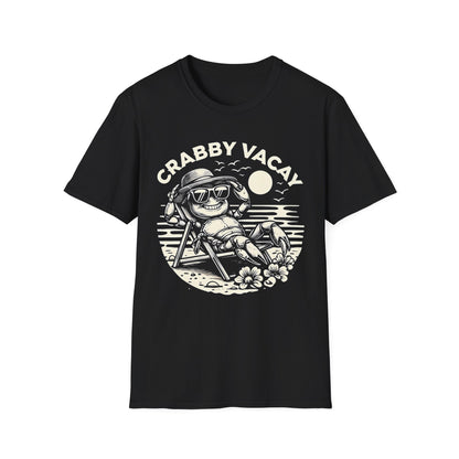 Crabby Vacay T-Shirt - Happy Crab Wearing Sunglasses in Tropical Scene Design