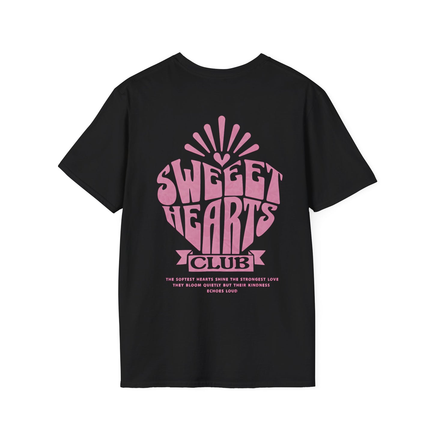 Sweet Hearts Club T-Shirt –  Typography Framed Inside A Heart Frame with Botanical Pattern Front And Back Design