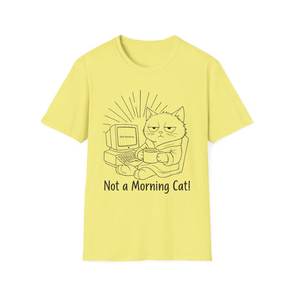 Not A Morning Cat Still Booting T-Shirt -  Sleepy Cartoon Cat in Robe with Coffee Mug and A Computer In the Morning  Design