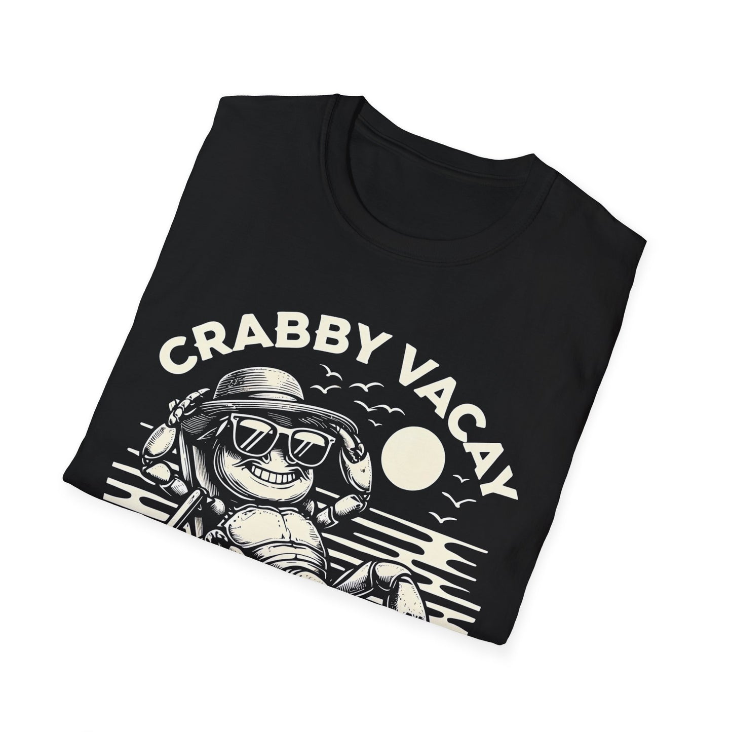 Crabby Vacay T-Shirt - Happy Crab Wearing Sunglasses in Tropical Scene Design