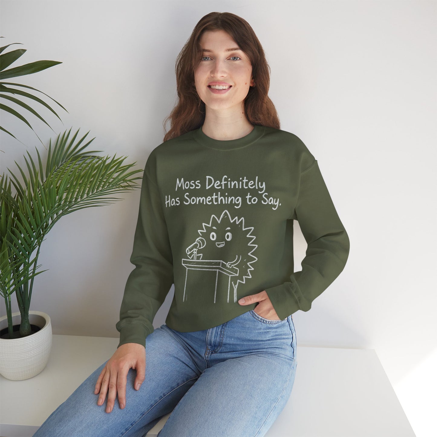 Moss (Most) Definitely Has Something To Say - Chalkboard Playful Moss Speaking into Microphone Sweatshirt