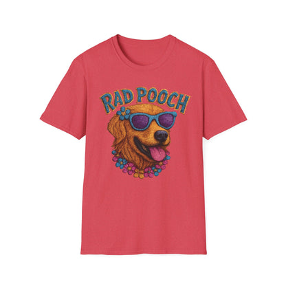Rad Pooch – Embroidery-Like Style Cartoon Golden Retriever Dog With Floral T-Shirt