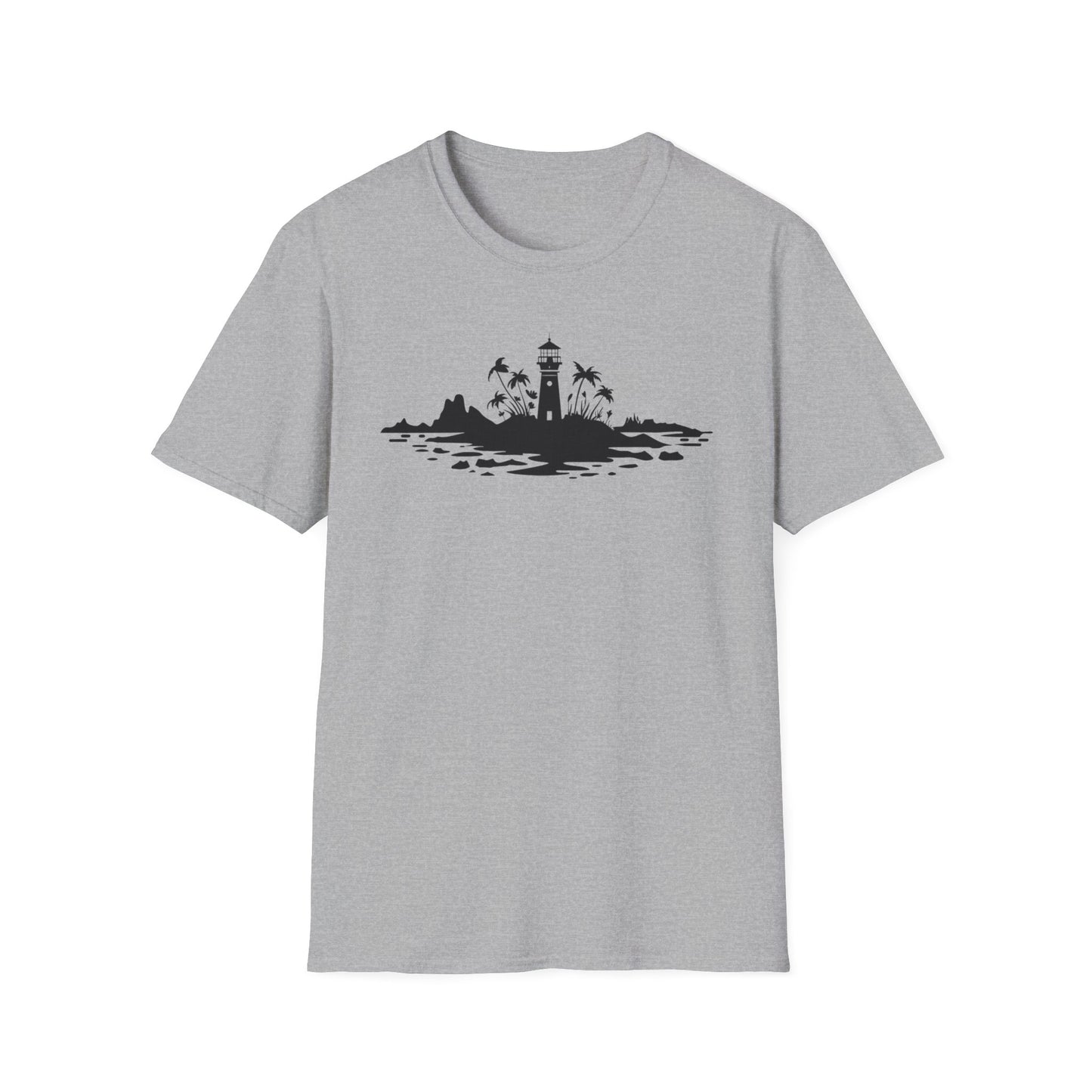 Minimalistic Silhouette Lighthouse, Island, Palms and Florals T-Shirt