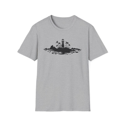 Minimalistic Silhouette Lighthouse, Island, Palms and Florals T-Shirt