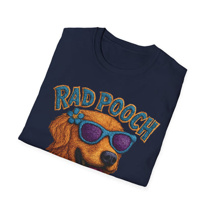 Rad Pooch – Embroidery-Like Style Cartoon Golden Retriever Dog With Floral T-Shirt