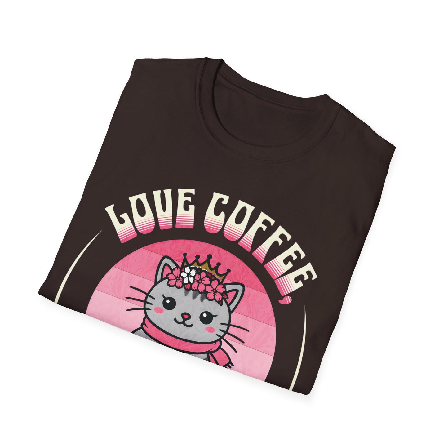 Love Coffee, Flowers and Sunset T-Shirt - Cute Cartoon Cat with Coffee Mug and Floral Crown Pink Sunset Design