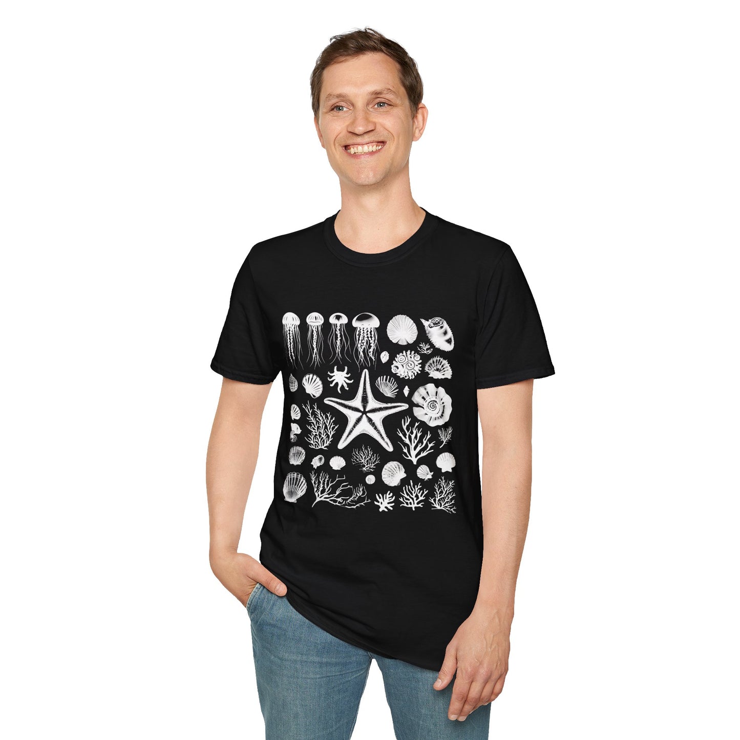 Monochrome Silhouette Grid Marine Creatures T-Shirt