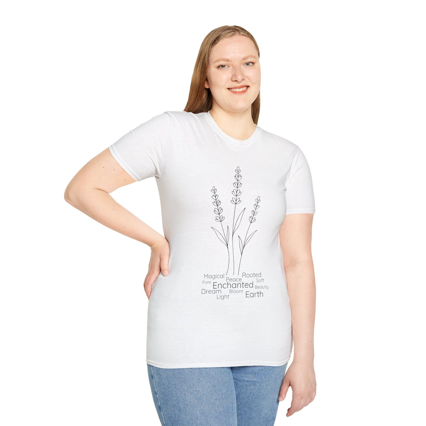 Minimalist Line Drawing of Lavender T-Shirt - Scattered Typography Design