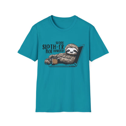 Work Slother Not Harder! - Playful Relaxed Sloth Reclining On Laptop With Coffee Mug T-Shirt