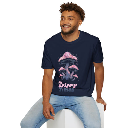 Trippy Times T-Shirt – Whimsical Glowing Pink Mushrooms Design