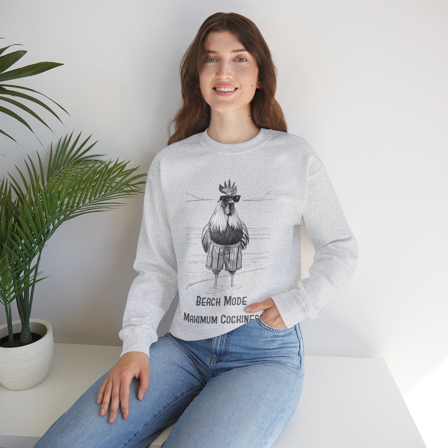 Beach Mode: Maximum Cochiness - Playful Rooster On Beach Sweatshirt