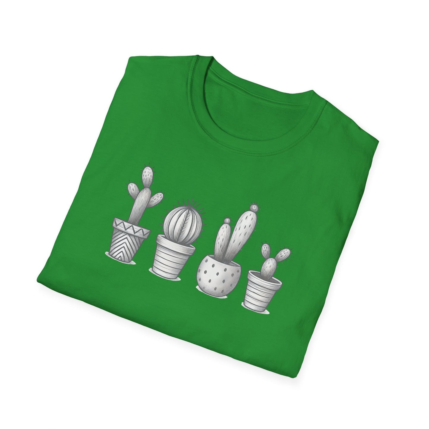 Gray Cacti In Terracotta Pots Line T-Shirt - Botanical Design