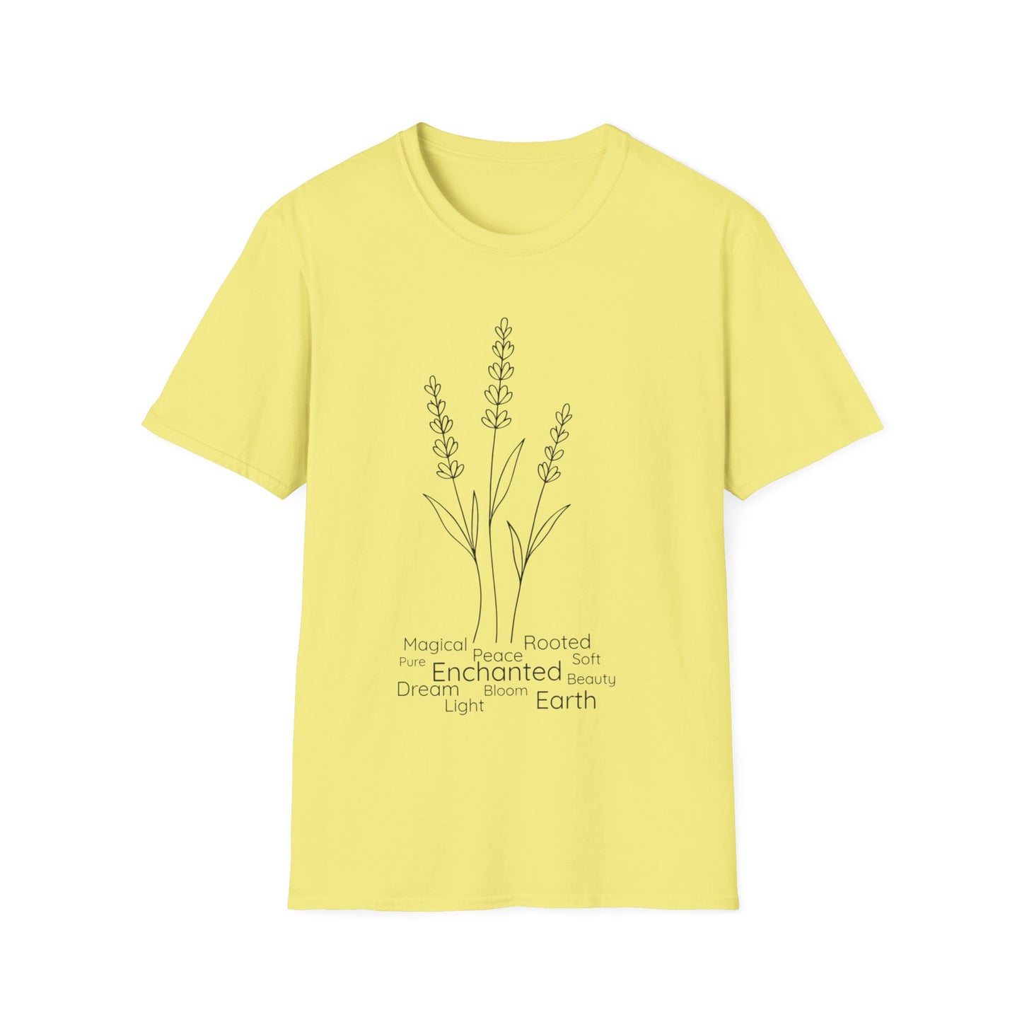 Minimalist Line Drawing of Lavender T-Shirt - Scattered Typography Design