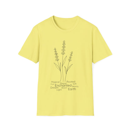 Minimalist Line Drawing of Lavender T-Shirt - Scattered Typography Design
