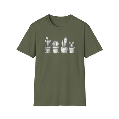 Gray Cacti In Terracotta Pots Line T-Shirt - Botanical Design