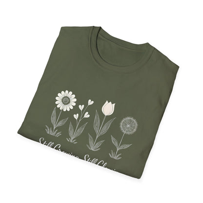 Still Growing Still Glowing T-Shirt - Minimalistic Flowers Line - Botanical Line Art Design