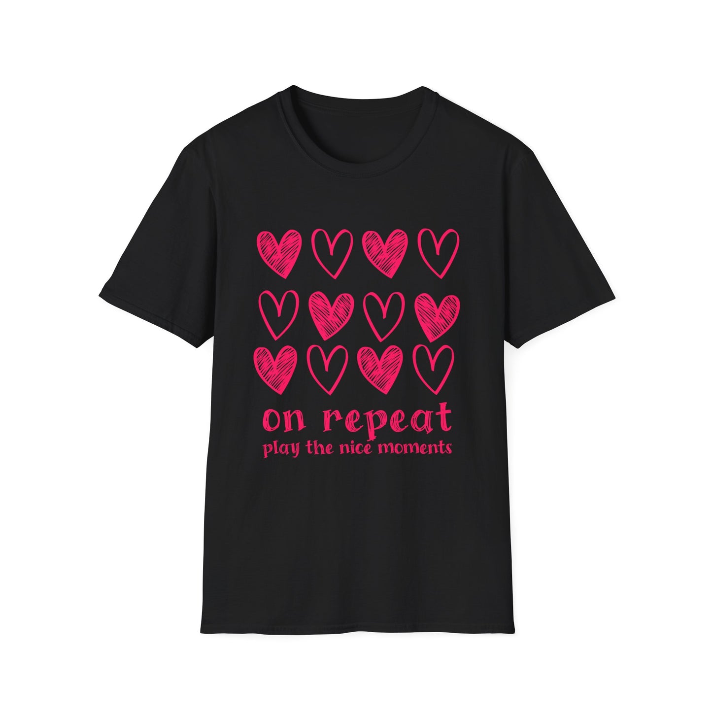 On Repeat, Play The Nice Moments - Monochrome Hearts Grid T-Shirt