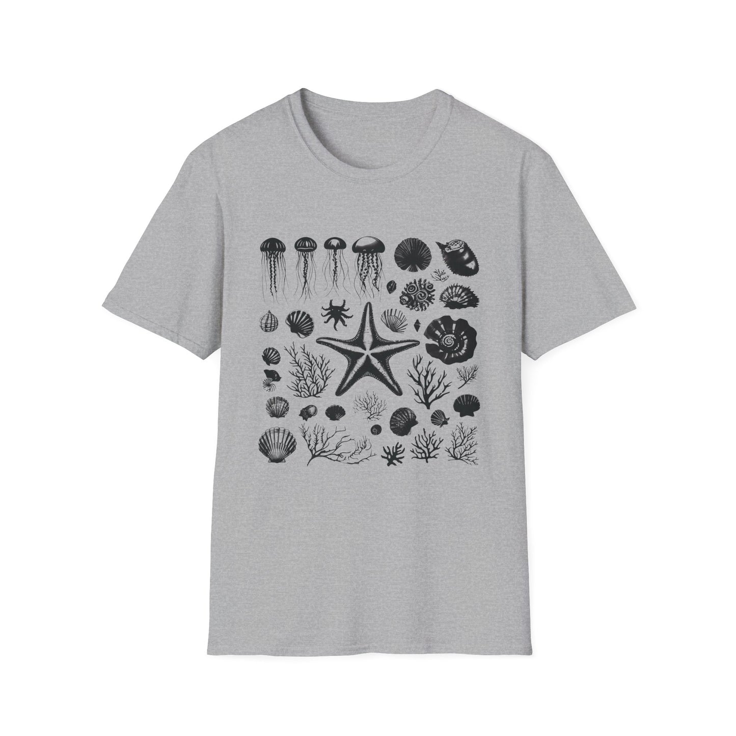 Monochrome Silhouette Grid Marine Creatures T-Shirt