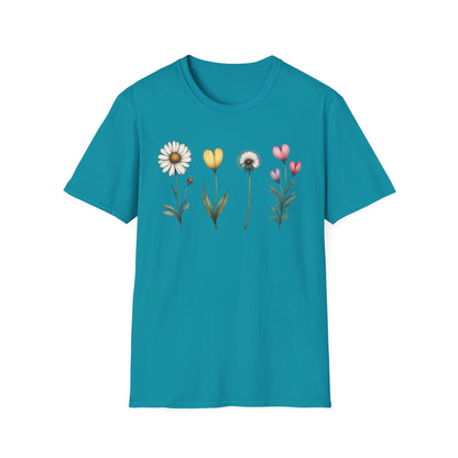 Realistic Floral Line T-Shirt - Colorful Design
