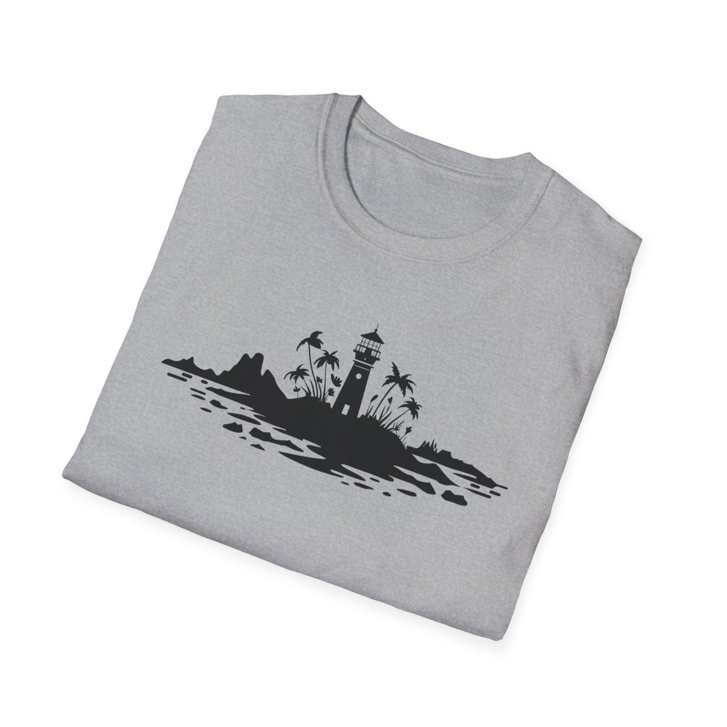 Minimalistic Silhouette Lighthouse, Island, Palms and Florals T-Shirt