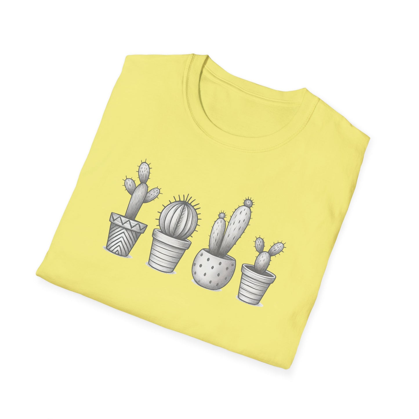 Gray Cacti In Terracotta Pots Line T-Shirt - Botanical Design