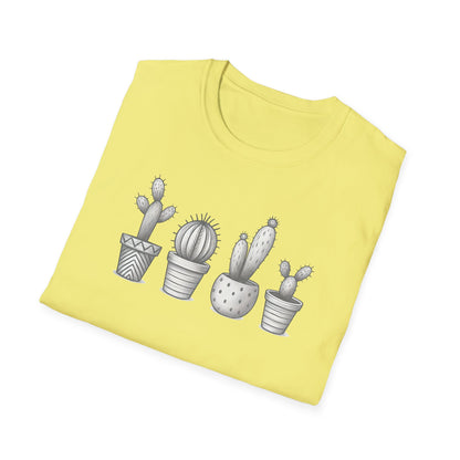 Gray Cacti In Terracotta Pots Line T-Shirt - Botanical Design