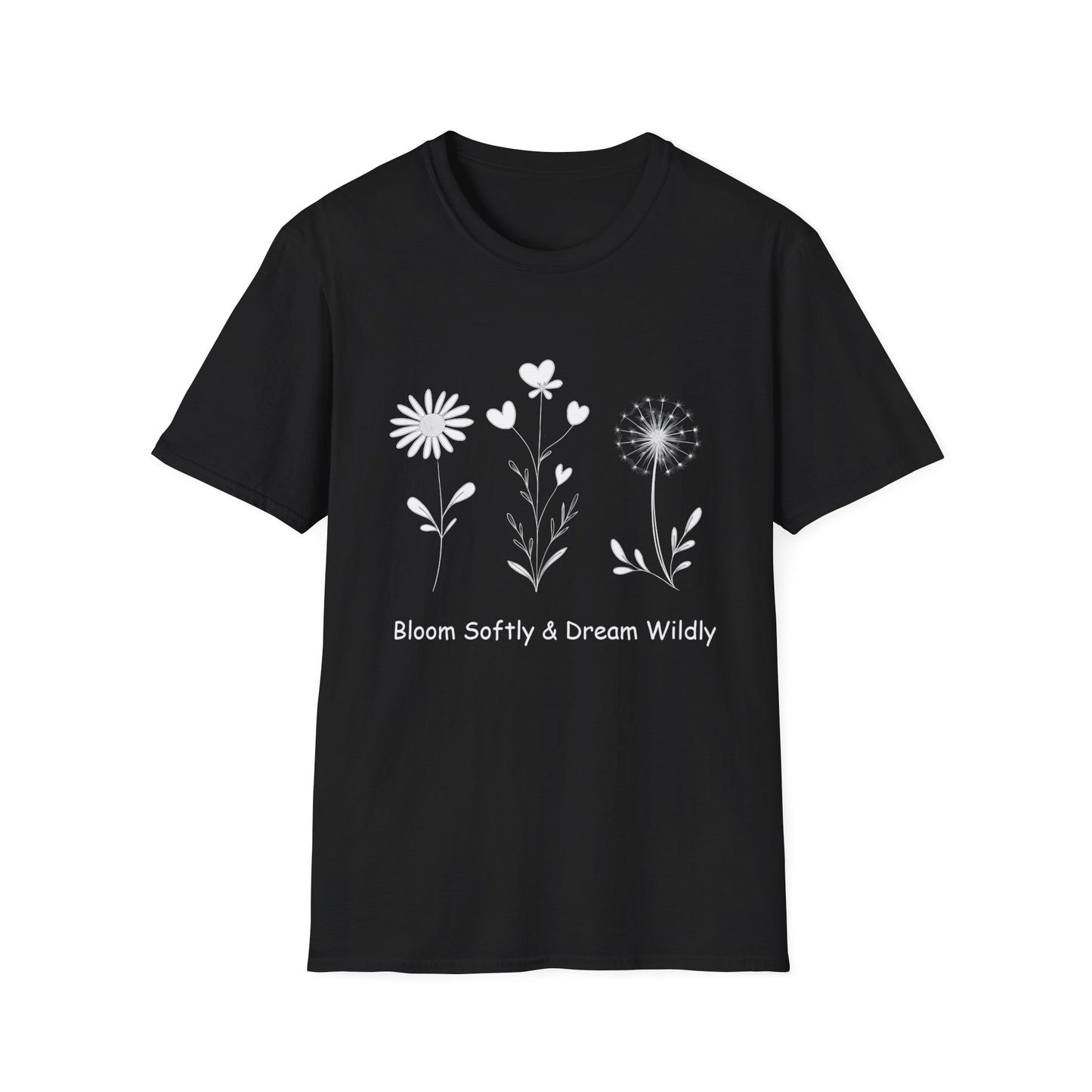 Bloom Softly Dream Widely T-Shirt - Minimalistic Flowers Outline - Botanical Line Art Design