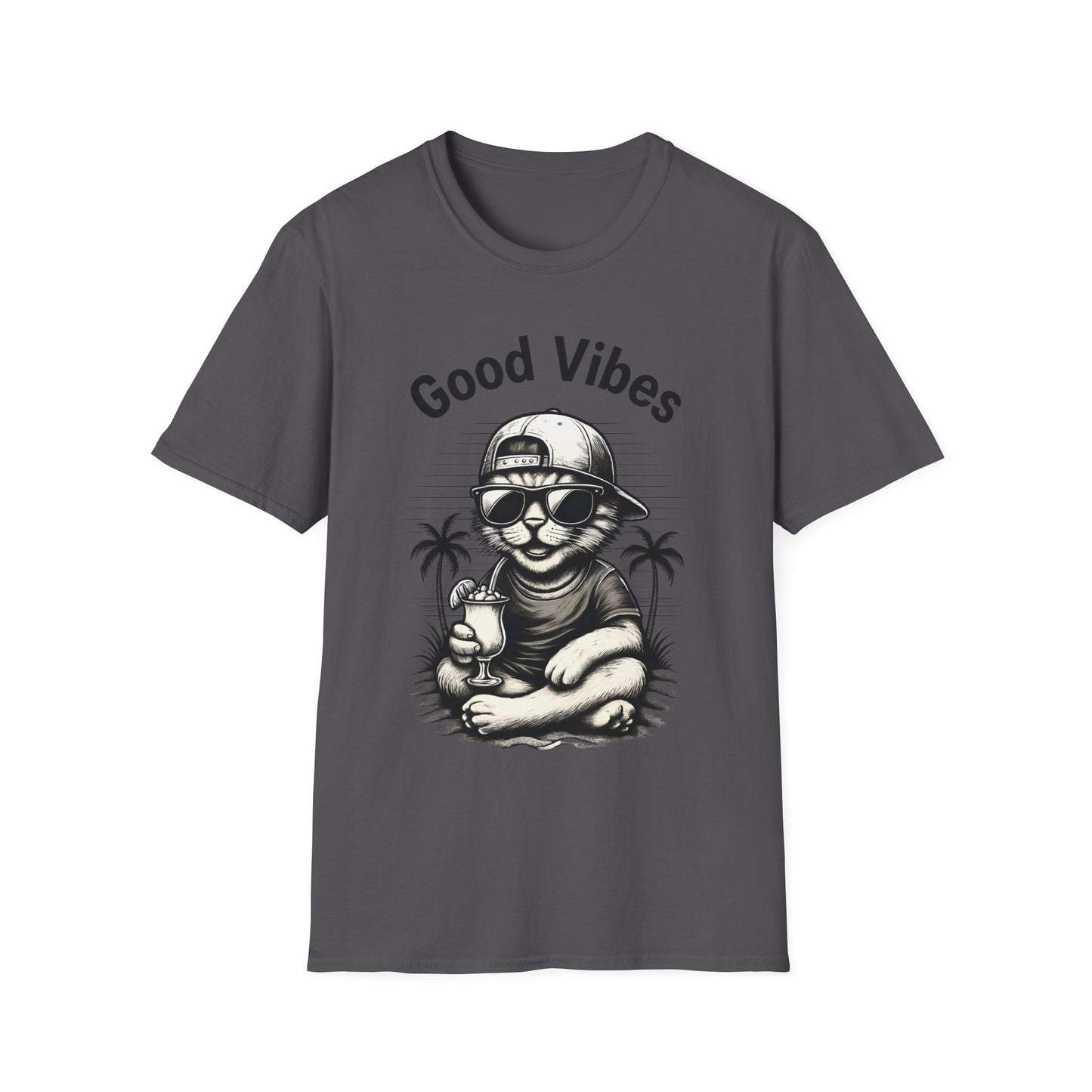 Good Vibes T-Shirt -  Cool Cat Relaxing with Tropical Drink Design