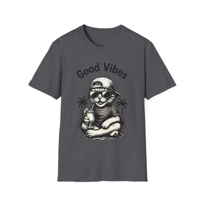 Good Vibes T-Shirt -  Cool Cat Relaxing with Tropical Drink Design