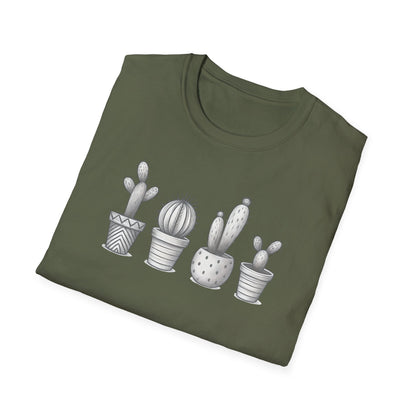 Gray Cacti In Terracotta Pots Line T-Shirt - Botanical Design