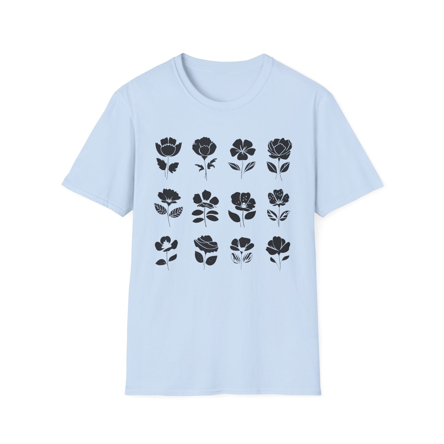 Monochrome Silhouette Grid Flowers T-Shirt