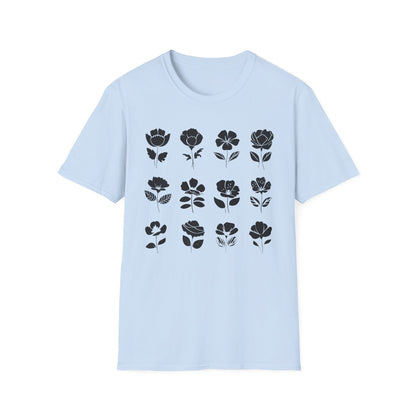 Monochrome Silhouette Grid Flowers T-Shirt