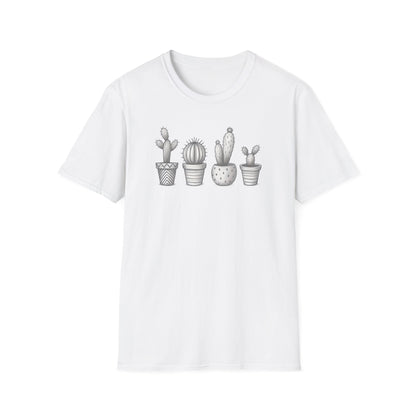 Gray Cacti In Terracotta Pots Line T-Shirt - Botanical Design