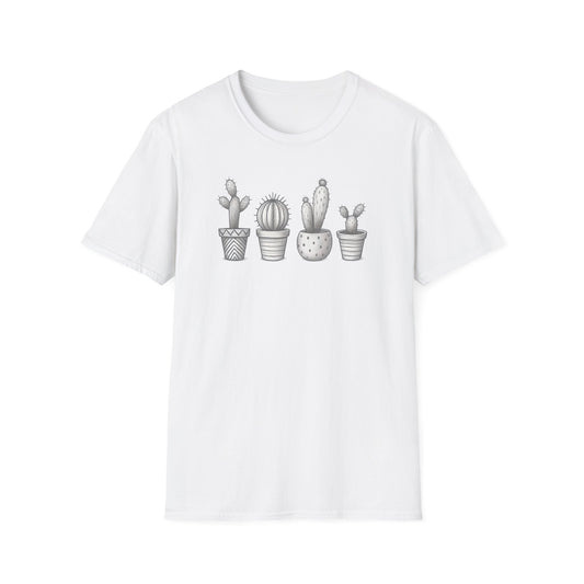 Gray Cacti In Terracotta Pots Line T-Shirt - Botanical Design