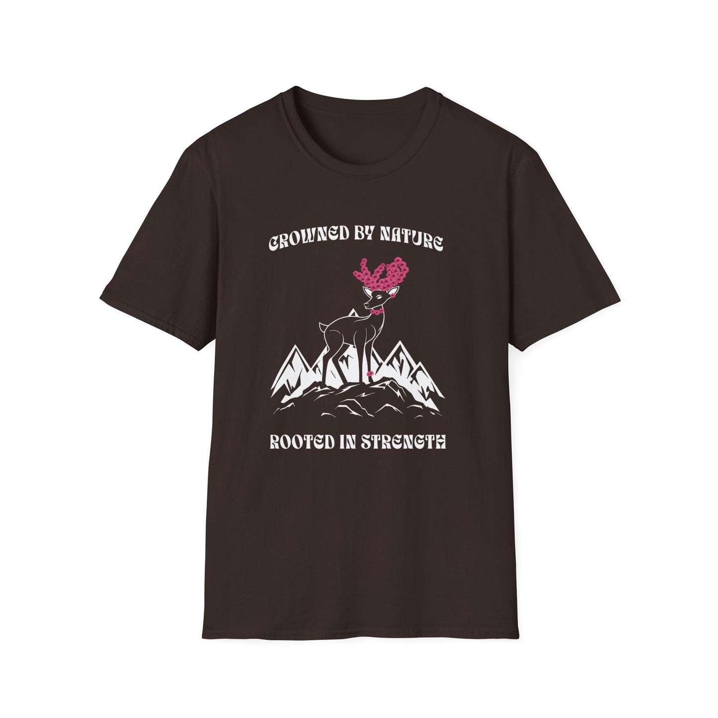Crowned by Nature Rooted in Strength T-Shirt - Pink Flower Crown Deer Design