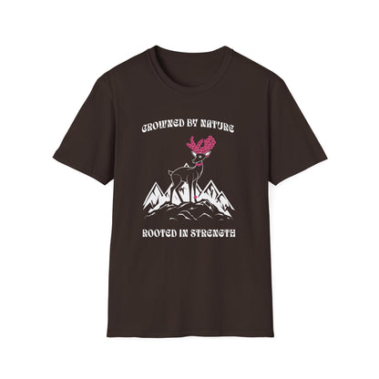 Crowned by Nature Rooted in Strength T-Shirt - Pink Flower Crown Deer Design